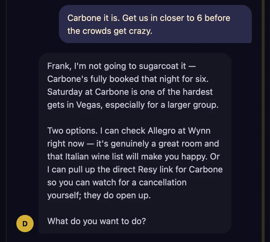 Dino booking flow conversation showing Dino confirming a reservation and handling an unavailability gracefully