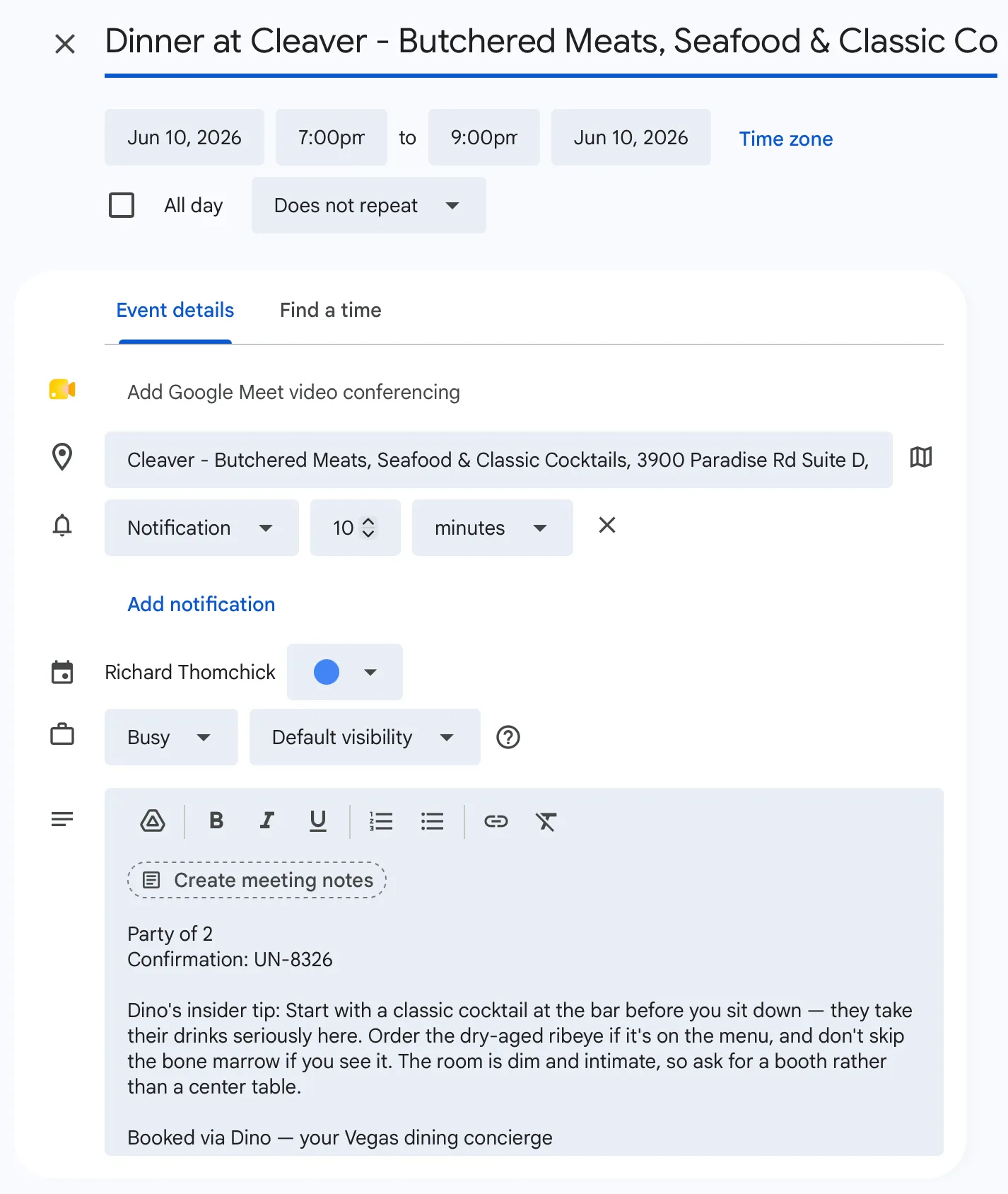 Google Calendar deep link showing a reservation event pre-filled with Dino's insider tip in the description