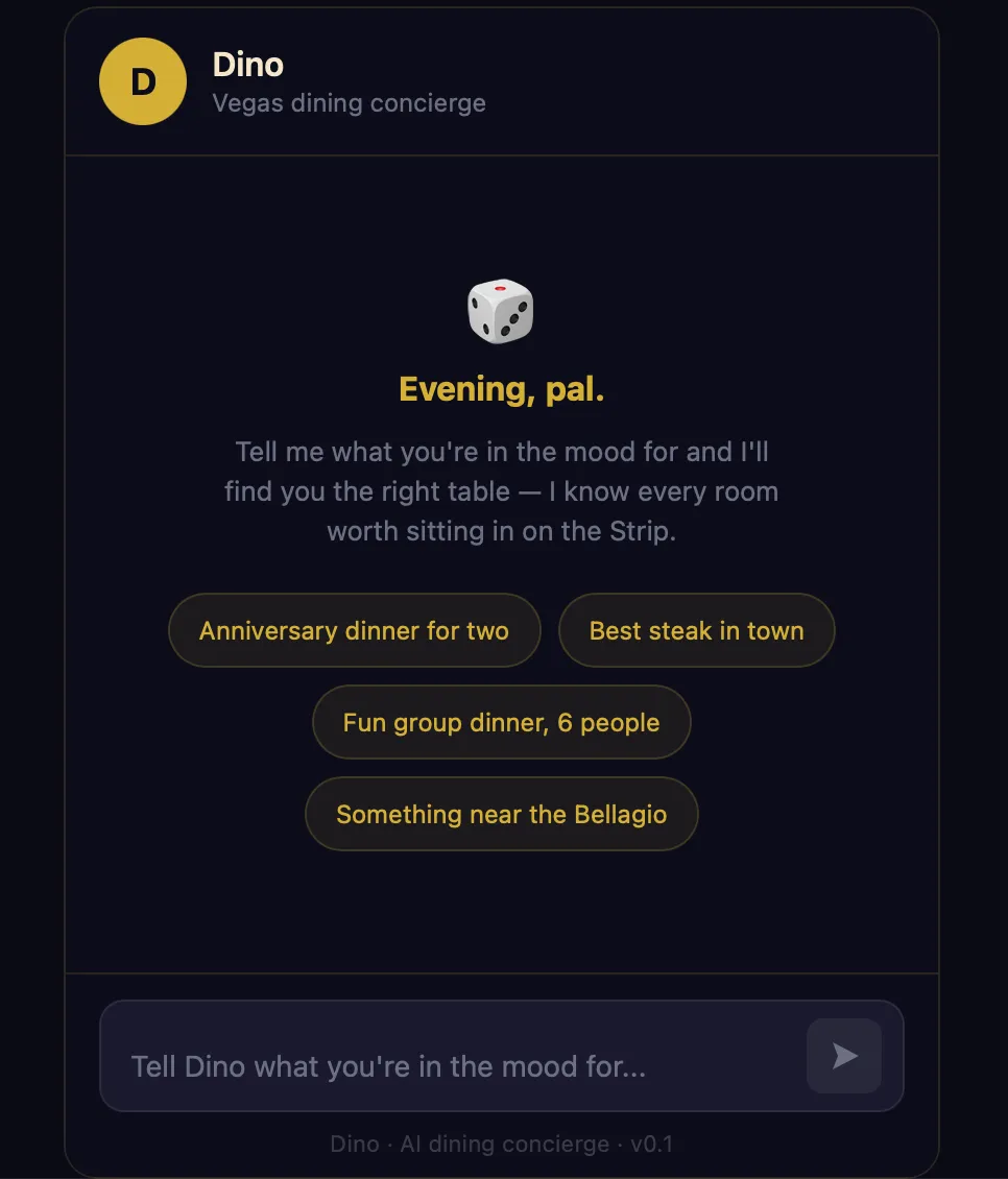 Dino chat interface showing a conversation with restaurant recommendations in dark theme with gold accents