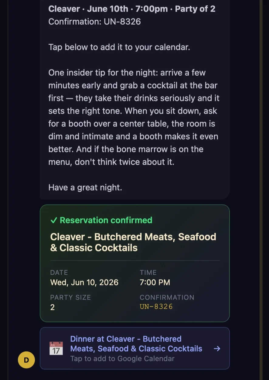 Dino rich card UI showing restaurant cards with Google Maps photos, ratings, and Dino's personal commentary