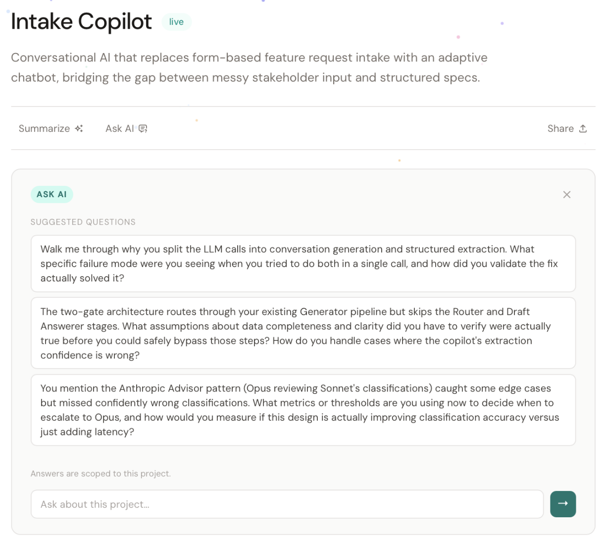 Ask AI panel with suggested starter questions and a streaming RAG answer with source citations