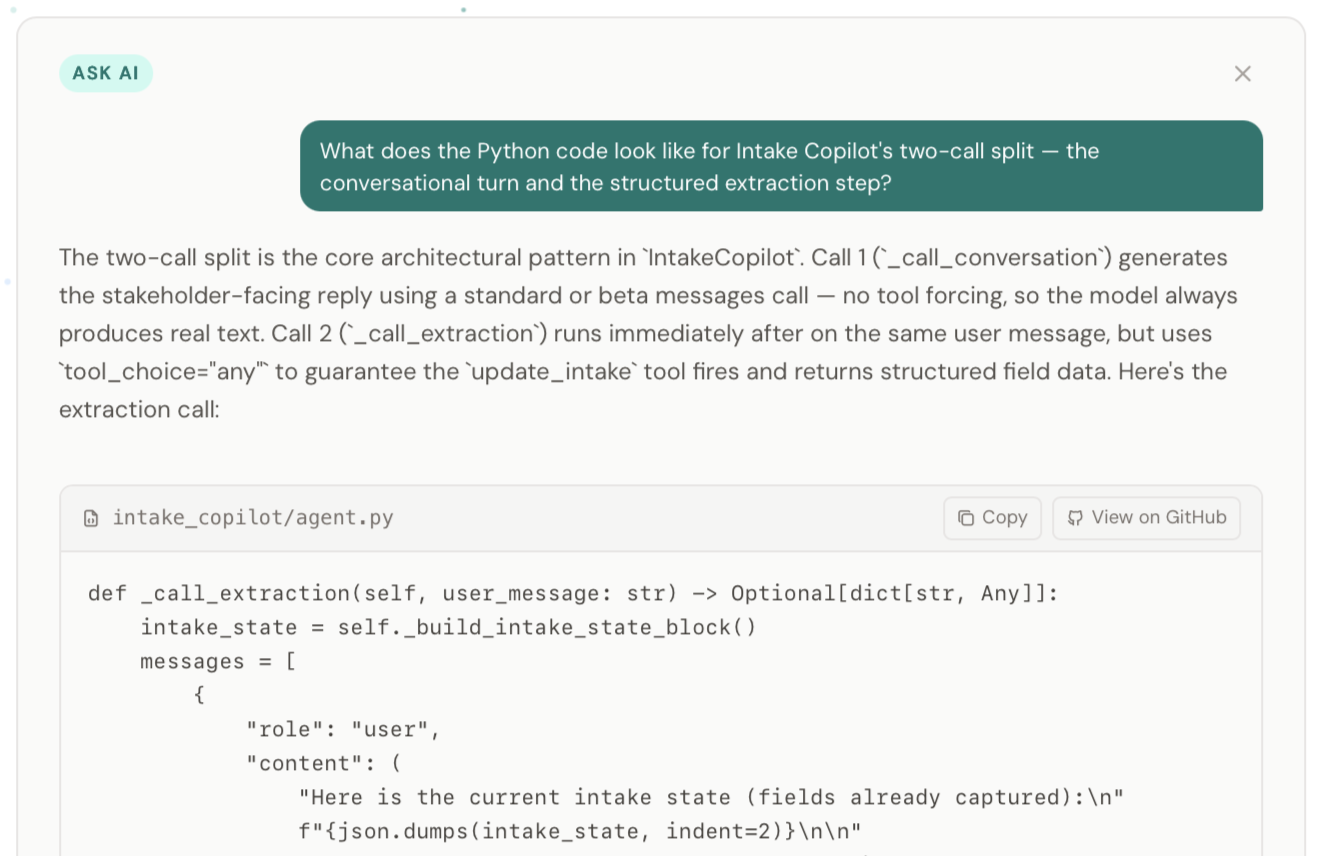 Ask AI answer showing a code block with source filename header and View on GitHub button