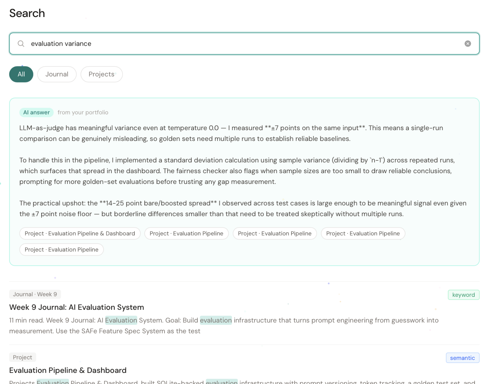 Search results page showing AI answer card above merged keyword and semantic results