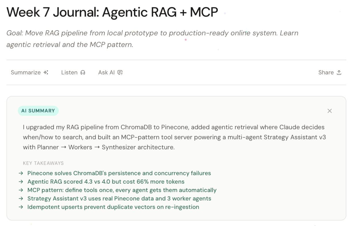 Summarize panel open showing typewriter-animated overview text and deep-linked key takeaways