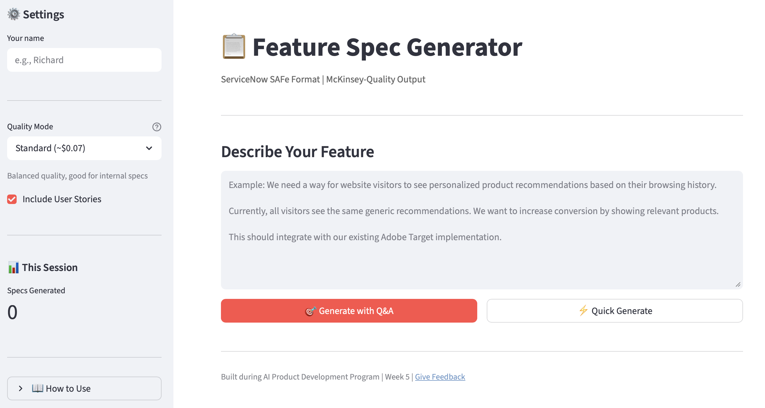 Feature Spec Generator running locally in Streamlit on Day 1