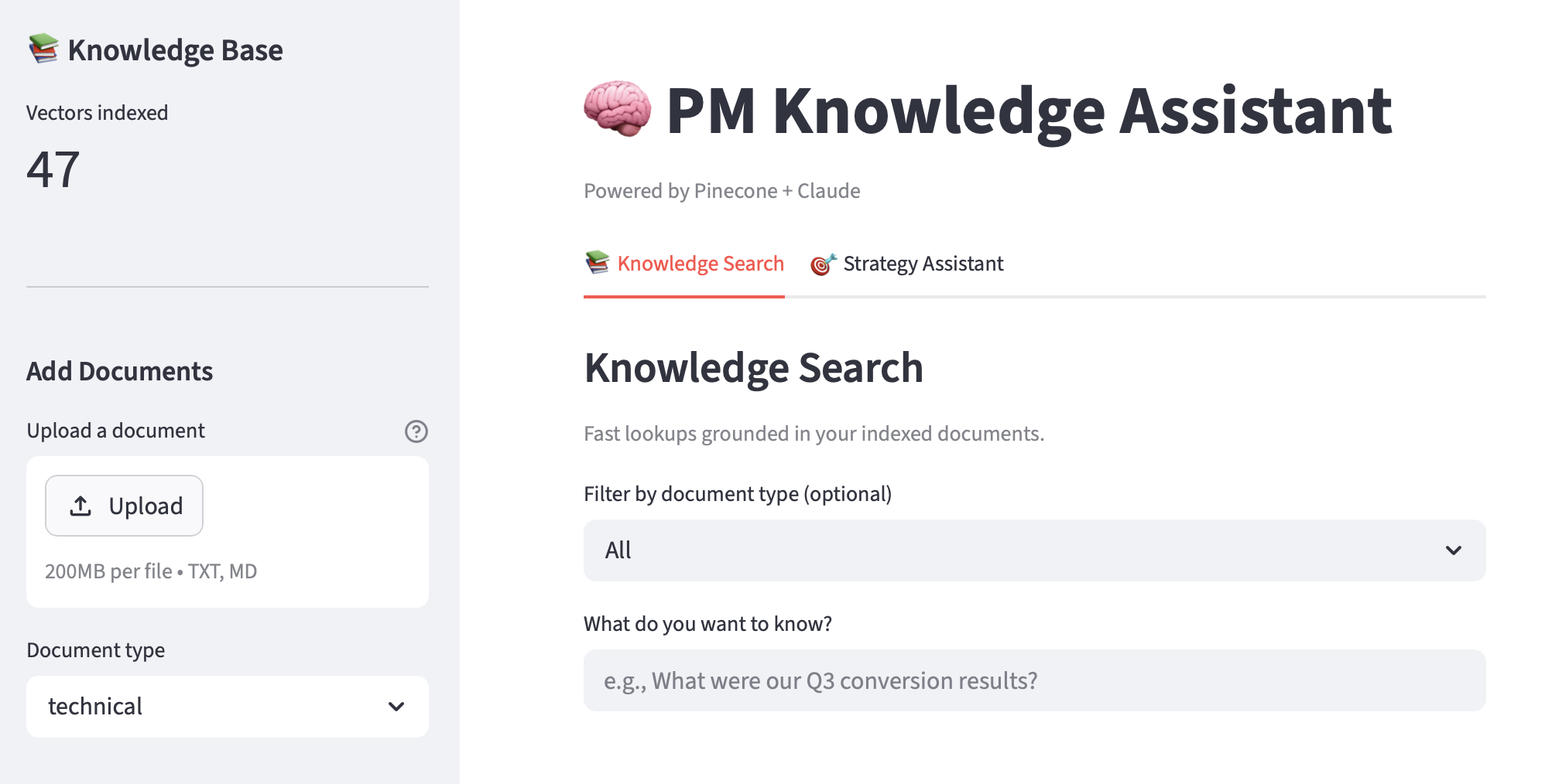 Knowledge Assistant v2 Streamlit app showing Pinecone-backed vector store with live vector count in sidebar