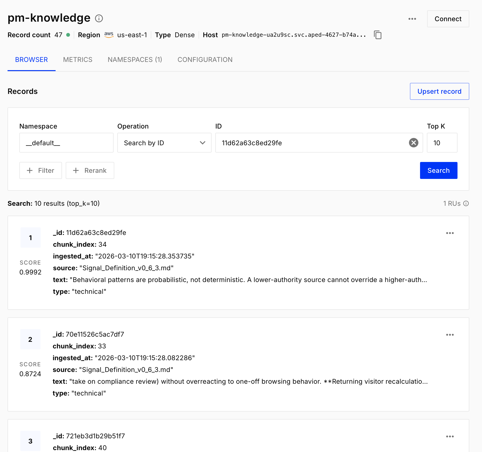 Pinecone index dashboard showing the pm-knowledge index configuration with 1536 dimensions and cosine metric