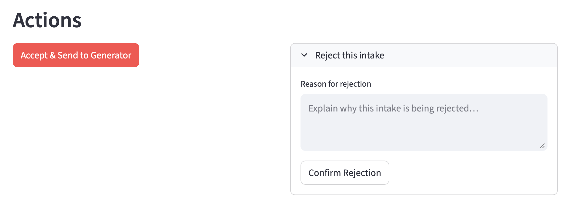 Generator input preview assembled from accepted intake record before triggering the spec pipeline