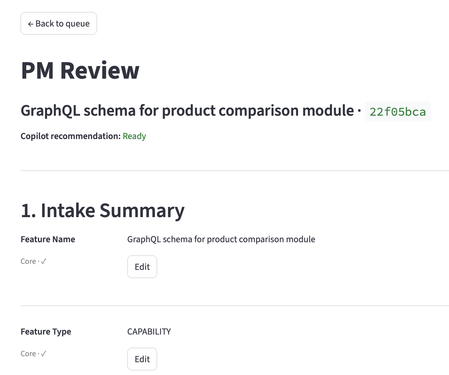 PM detail view showing intake summary fields, feature type selector, and copilot recommendation