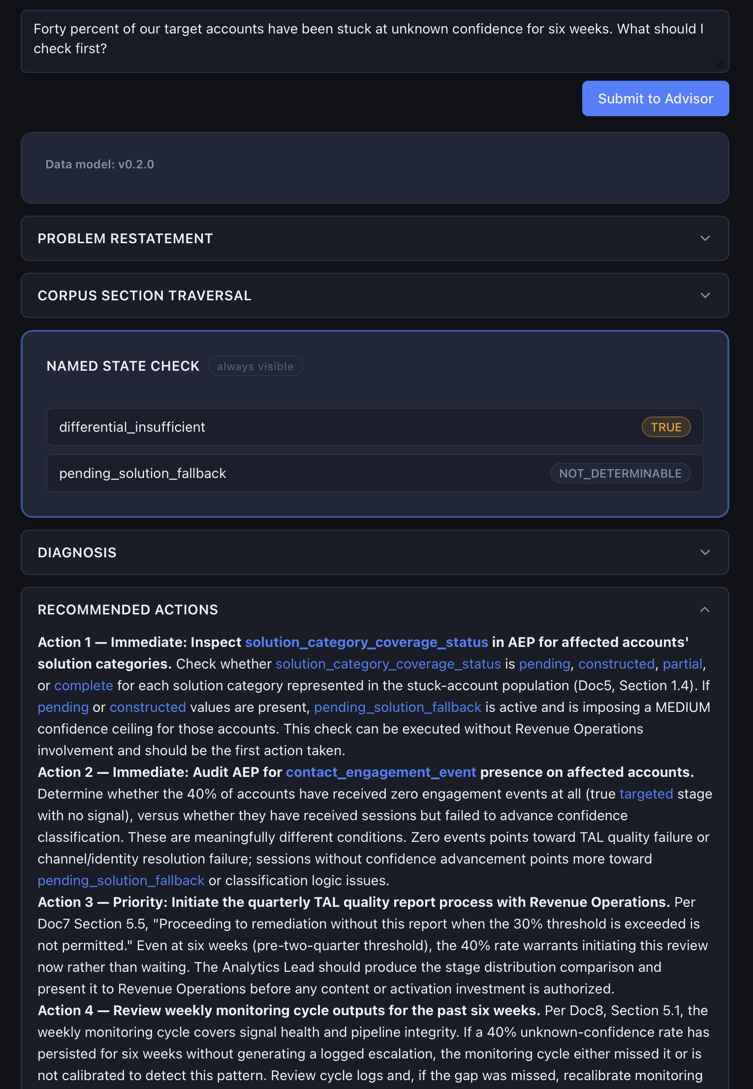 Advisory Mode showing a diagnosed problem with recommended next step