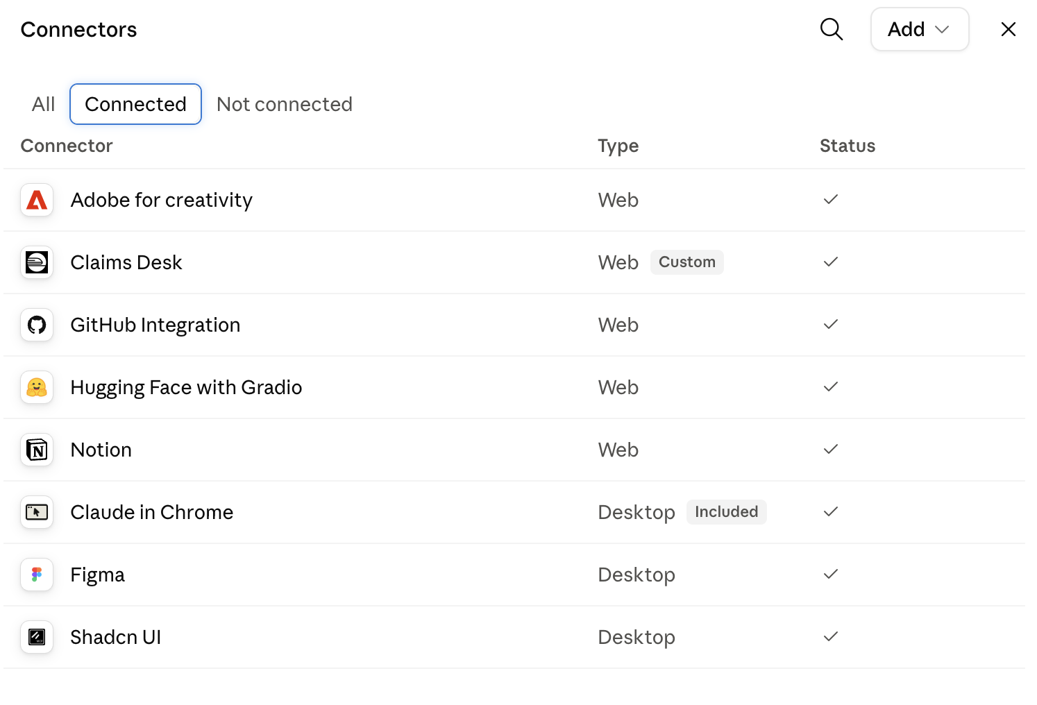Screenshot of Claims Desk connected to Claude showing the MCP tools available in the interface