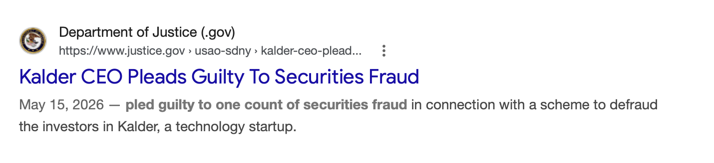 Screenshot showing the adversary agent surfacing a real Kalder CEO securities fraud case when searching for evidence against a fictional Kalder claim